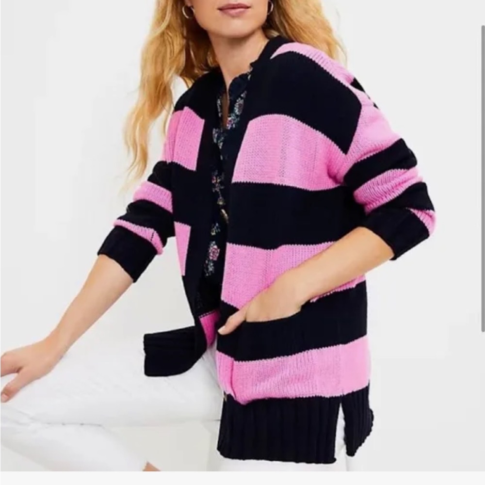 Chunky Oversized Striped Pink Blue Cardigan Sweater Large LOFT NWT
